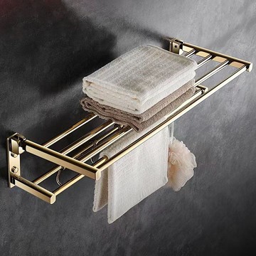 公司貨 超低價 金色全銅活動浴巾架家用免打孔折疊毛巾架浴室衛生間毛巾桿置物架 快速發貨