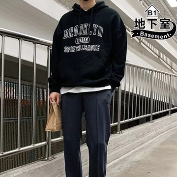 地下室B1-連帽大學T 美式BROOKLYN字母印花加絨連帽大學T 運動 休閒 t恤 大尺碼5XL【NL665081】