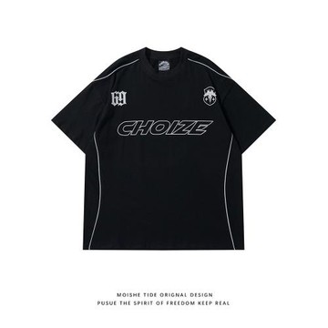 MOISHE TIDE美式高街暗黑反光條賽車短袖T恤男寬松嘻哈情侶半袖潮