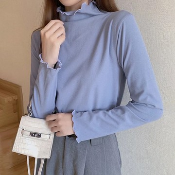 韓版薄內刷毛發熱保暖半高領花邊長袖上衣【W322】