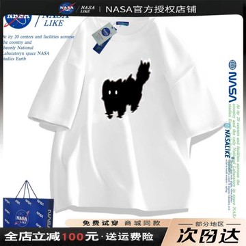 NASA貓咪短袖t恤男女夏季寬松美式復古oversize半袖情侶衣服體恤