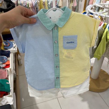 韓國童裝 24夏新款男童寶寶多巴胺色翻領短袖襯衣短褲小正太套裝