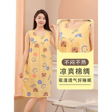 棉綢睡裙女夏季新款人造棉睡衣加肥大碼寬松居家服外穿綿綢連衣裙