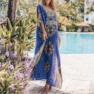 新款海南三亞度假風連衣裙長裙女大碼寬松顯瘦風復古海邊沙灘裙夏