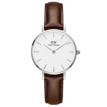 DW Daniel Wellington 布里斯托深棕色皮帶石英腕錶-銀框/28mm(DW00100239)