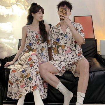 爆款優惠錯過無⏳買一送一情侶冰絲睡衣夏季帶胸墊吊帶睡裙涼感短袖家居服套裝可外UNEK