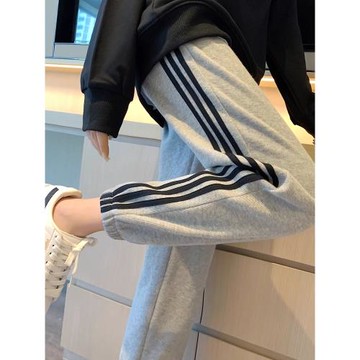 灰色運動褲女寬松束腳春秋衛褲2025新款三條杠夏季高腰休閑褲子