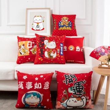 ins風網紅抱枕中式新年紅色喜慶雙面招財貓抱枕套靠墊靠枕cushion