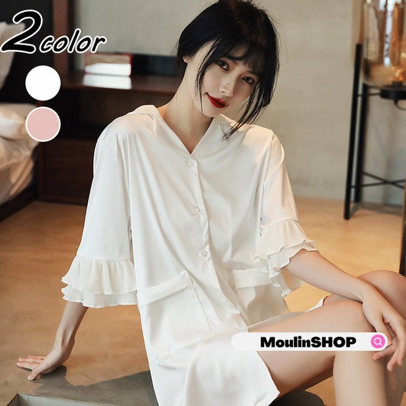 ネグリジェ 春夏 姫 半袖ワンピース 白シャツ 前開きvネックネグリジェ レションフレア パジャマ レディース 大人可愛い部屋着 通販 Lineポイント最大get Lineショッピング