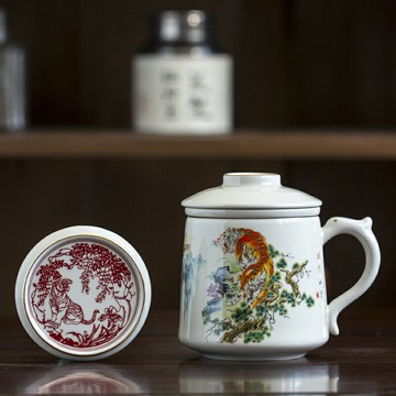 陶福氣中式喝水杯子茶杯套裝茶水分離杯帶濾隔茶蓋杯男女禮品盒裝