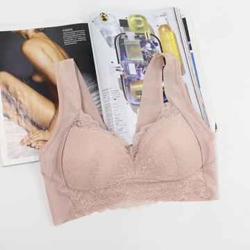 固定雙肩帶聚攏防震蕾絲邊無鋼圈薄款文胸性感胖mm大碼背心式胸罩