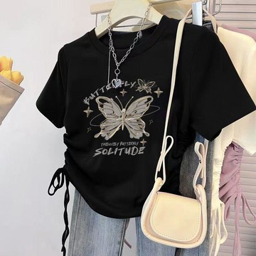 全新上市🆕冰絲螺紋短袖t恤女童ins設計感蝴蝶印花新款不規則抽繩短款上衣服TB8G