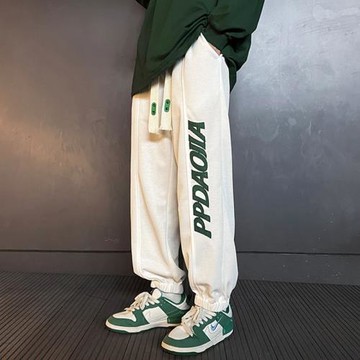 美式刺繡褲子男款2024春秋直筒寬松高街潮牌大碼運動休閑束腳衛褲