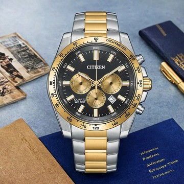 CITIZEN 星辰 Chronograph 紳男三眼計時手錶-雙色x黑/44mm AN8234-58E