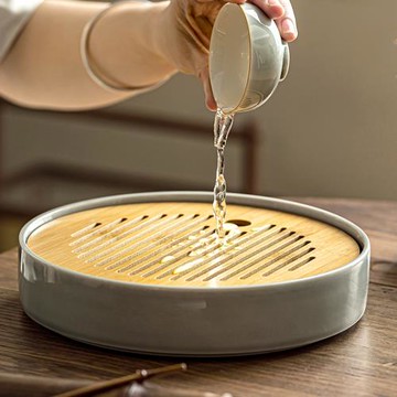 冰灰釉干泡盤家用儲水式功夫茶具日式簡約茶盤托盤茶臺瀝水竹托盤