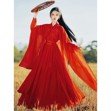 紅色古風漢服女春秋魏晉風古裝中國風仙氣飄飄古典舞蹈演出服裝