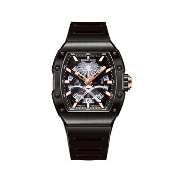 BONEST GATTI |  冒險者系列 黑色 黑框 棕櫚樹造型面盤 氟橡膠錶帶 自動上鍊機械腕錶 BG9904-A2