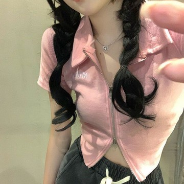 超人氣王💥夏季新款短款修身粉色POLO領露臍上衣服拉鍊正肩短袖T恤純欲風女S1IF
