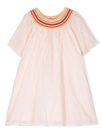 Chloé Kids - embroidered-neckline detail dress - kids - Cotton/Cotton/Polyester - 5 - Pink