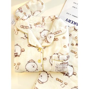 日系自嘲熊睡衣女冬珊瑚絨加厚加絨套裝可外穿卡通可愛毛絨家居服