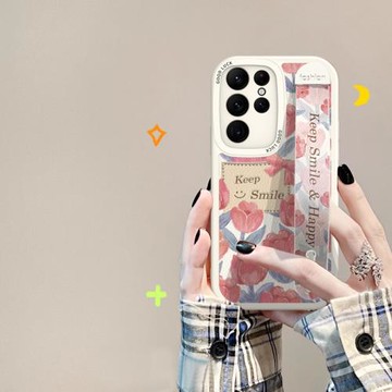 適用三星S25手機殼腕帶花叢GalaxyS22/S23新款ins風s24鏡頭全包S20保護套ultra女小清新S21FE支架+軟硅膠防摔
