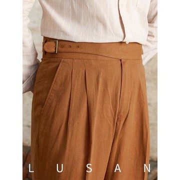 鹿三先生夏季天絲麻棉舒適透氣薄款高腰直筒褲意式廓爾喀人字紋褲