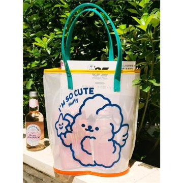 新款小兔單肩包沙灘包潮洋氣仙少女心大容量透明洗浴手提袋網格底