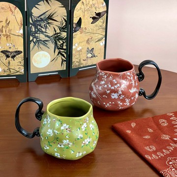 中古田園手作綠色清新小碎花陶瓷杯咖啡杯辦公室馬克杯小眾設計感