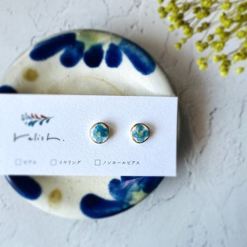 紫陽花 金繼 線條 陶器 耳針 耳夾 無耳洞耳夾 小巧 簡約 藍色 淺藍 金色 鍍金 陶瓷 (日式) 繡球花 6月