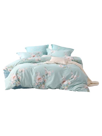 水星家紡床上四件套全棉純棉藍色花卉床單被套田園風碎花簡約床品