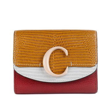 CHLOE 新款CHLOE C Bag 米色釦撞色壓紋皮革拼蜥蜴壓紋三折短夾 (芥末黃/白/紅)