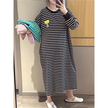 韓版過膝長袖睡裙女春秋針織棉甜美可愛條紋睡衣大碼200斤家居服