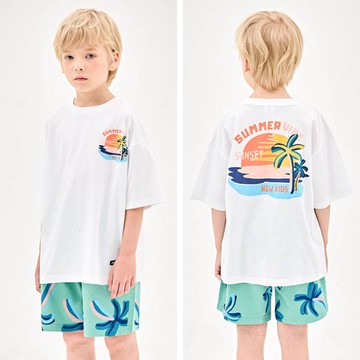 韓國 Jelispoon - 夏日夕陽印短袖套裝-白X湖水綠