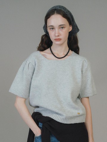 Square Neck Puff Sleeve Wool Blend Knit [Ash Gray]