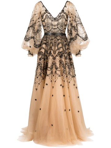 Saiid Kobeisy - long-sleeve tule gown - women - Polyester - 46 - Neutrals