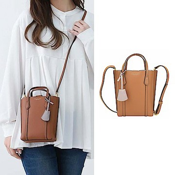 TORY BURCH Perry 撞色吊飾拼接皮革直立式迷你手提/斜背托特包(咖棕色)