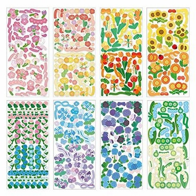 moin moin シール 8種8枚セット シート 花 大きめサイズ 10×20cm デコレーション キラキラ ラメ リボン 透明 カラフル ピンク