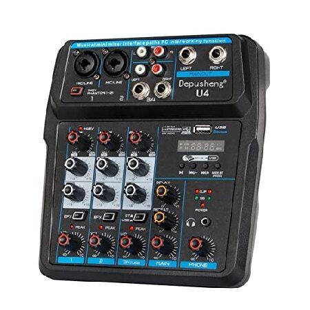 Depusheng U4 Audio Mixer 4-channel USB Audio Interface Mixer, DJ Sound Controller Interface with USB,Soundcard for PC Recording,Built-in 48V Phantom P