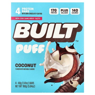 Built, 膨化食品，蛋白棒，椰子味，4 根，每根 1.41 盎司（40 克）