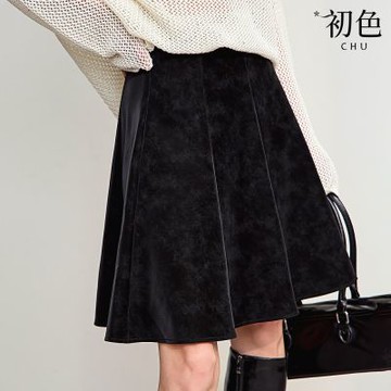 初色 復古風簡約顯瘦純色高腰啞光仿皮絨A字傘裙短裙半身裙-黑色-17906(M-XL可選)