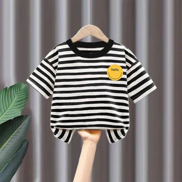 夏季兒童純棉短袖T恤條紋衫新款寶寶帥氣男女童純棉上衣百搭潮款 兒童短袖 男童短袖T恤 韓版打底衫 兒童夏裝 短袖上衣