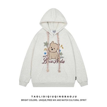 可愛毛絨絨小狗刺繡連帽衛衣女秋季情侶裝寬松休閑學院風灰色外套