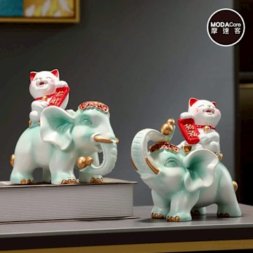 摩達客◉開運招財◉高級精緻淺綠色招財納福招財貓吉祥大象對組擺飾_客廳玄關臥室好風水好運勢