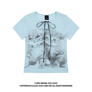 cuwu美式復古短袖女夏季像素風小貓印花正肩t恤修身多巴胺上衣ins