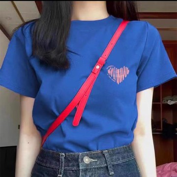 歐貨夏裝純棉藍色短袖t恤女薄款寬松顯瘦印花設計感圓領上衣漂亮