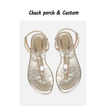 羊皮版~真皮金色羅馬涼鞋女夏外穿一字帶平底涼拖防滑夾趾人字拖