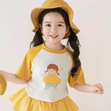 TONGMO - 圓領微寬鬆拼色短袖上衣-萌萌女孩-黃色