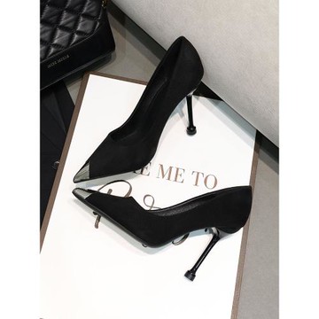 春季黑色性感尖頭絨面高跟鞋