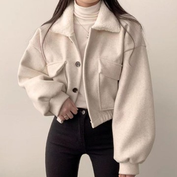 La Belleza韓版chic翻領收腰短款毛呢外套羊羔毛領拼接雙口袋排釦毛呢外套