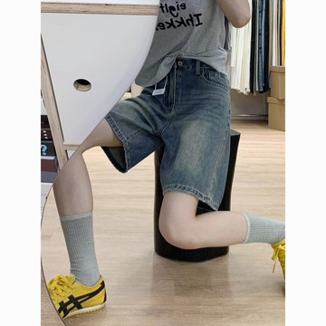 爆款直降價 女裝 短褲 五分褲 寬鬆直筒牛仔 美式復古直筒五分牛仔短褲女夏季新款高腰寬鬆薄款顯瘦5分中褲子